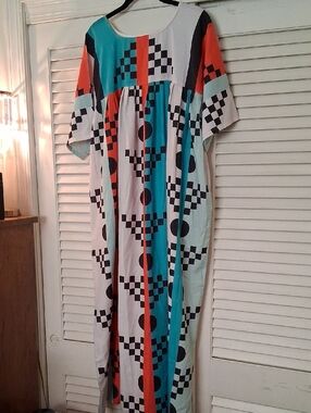 BlackBeads Graphic Checkerboard Maxi Dress in Teal, Orange, Black & White